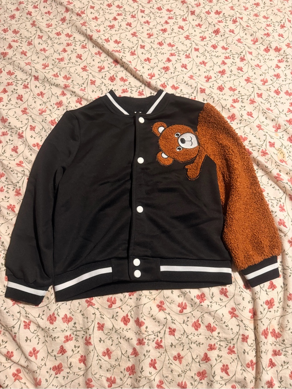SHEIN Black Jacket with Brown Teddy Patch and Sleeve